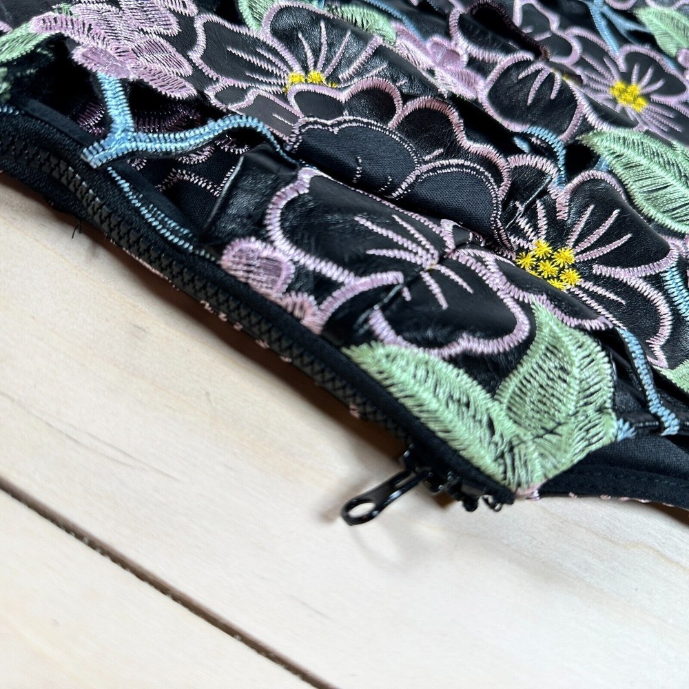 Topshop Black Multi PU Leather‎ Lace Floral Appliqué Shift Dress 6 Embroidered - Picture 6 of 13